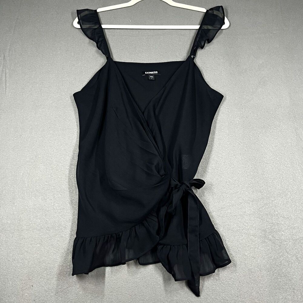 Express Black V-Neck Wrap Tie Sleeveless Tank Top Ruffle Hem Size L